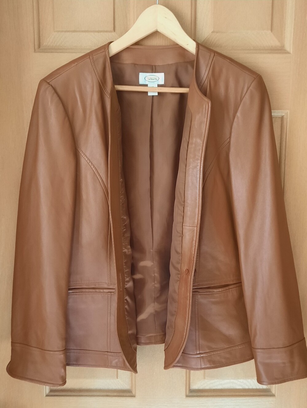 Talbots Genuine Leather Collarless Single-Button Jacket - Cognac Brown, Size 14 - Picture 2 of 8